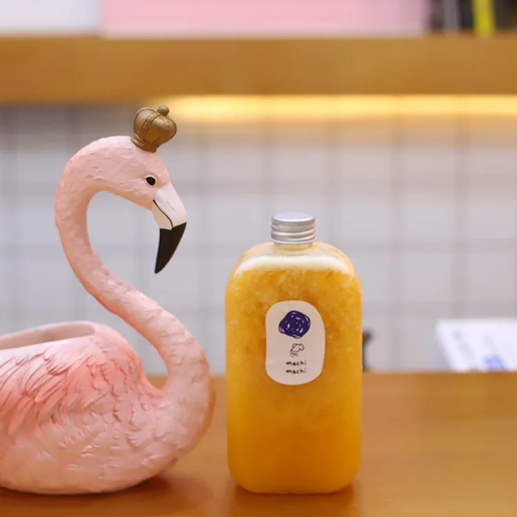 Empty 350ml 16oz Flat Square Pet Plastic Cold Brew Coffee Beverage Flask Bottle For Milk Tea Juice With Aluminum Lid