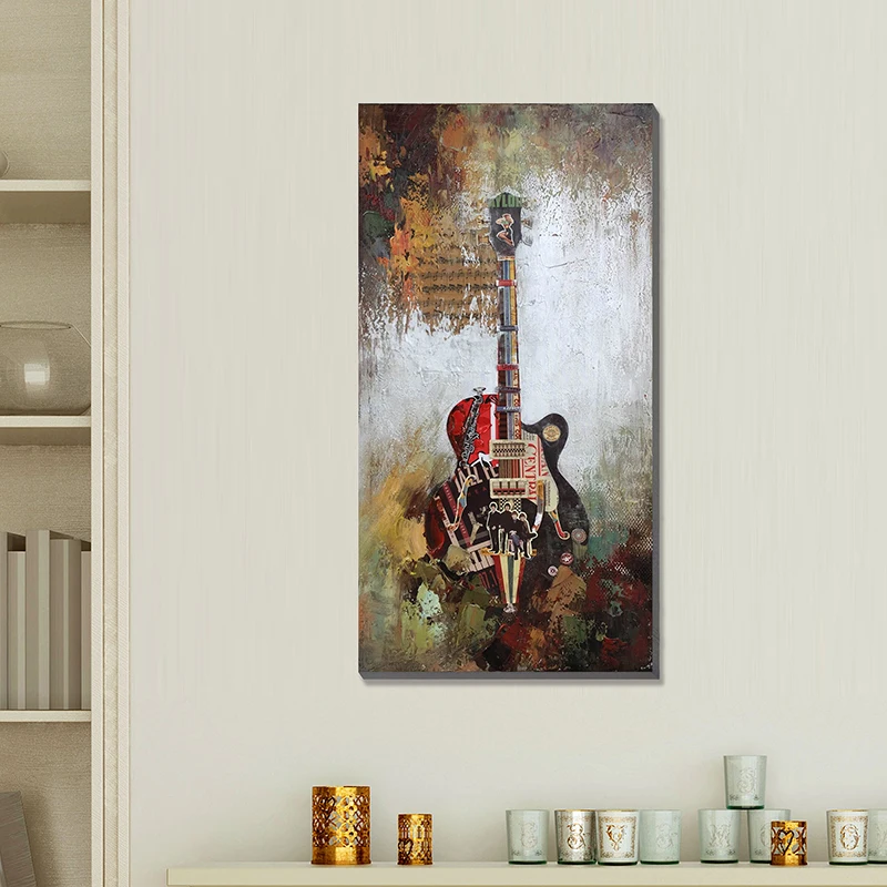 Home decor Abstract background oil Painting on canvas with black guitar paper collage art