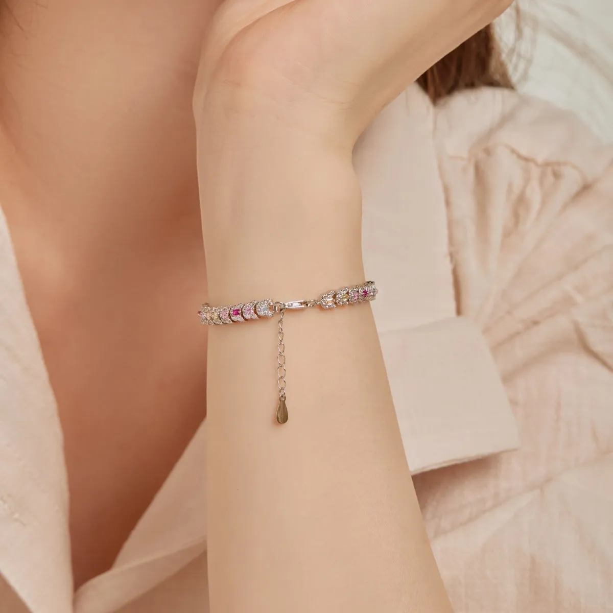 Dylam Factory Wholesale New Pink Stone Tennis Bracelet Chain Cz Eternity Band Rainbow Cubic Zirconia 925 Silver Bracelets Women