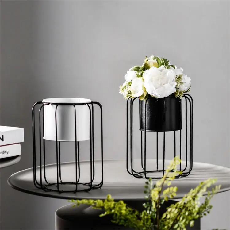 Nordic the lantern shape Flower holder Soft Metal Flower Vase Ceramic  Vase For Home Decor