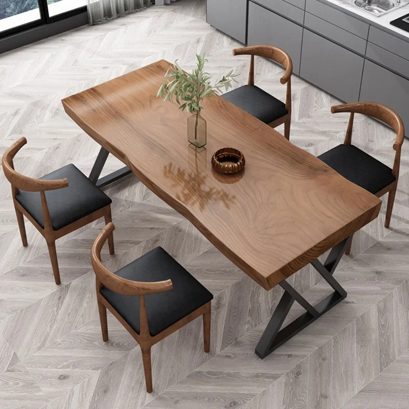 Log dining table and chair simple solid wood big board table dining table and chair combination in Home Restaurant
