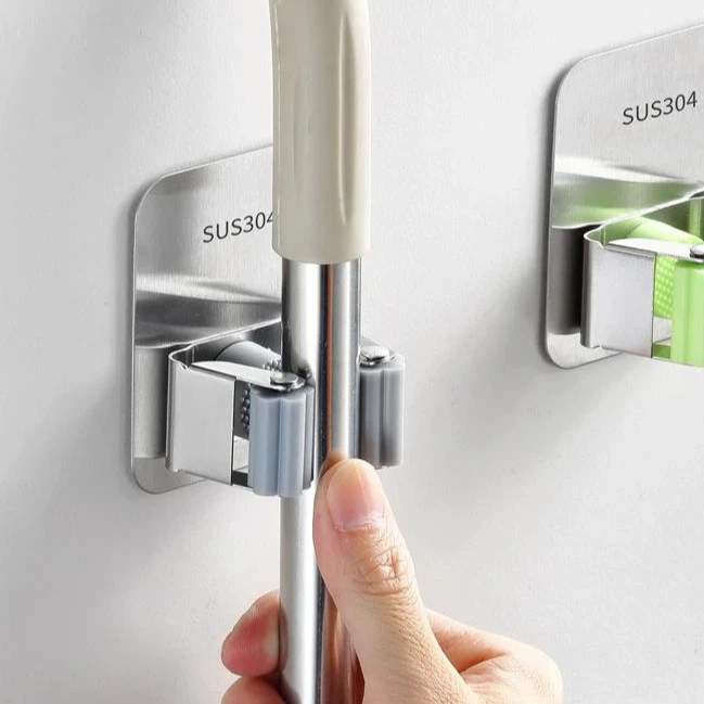 High quality heavy duty mop and broom holder rack 3M sticker punch free stainless steel wall mounted holder for mop and broom