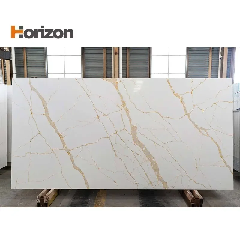 Cozy Quartz Stone Surface Warm Hue Gold Yellow Vein Calacatta Artificial Quartz Slab for Countertop Island Backsplash Cuarzo