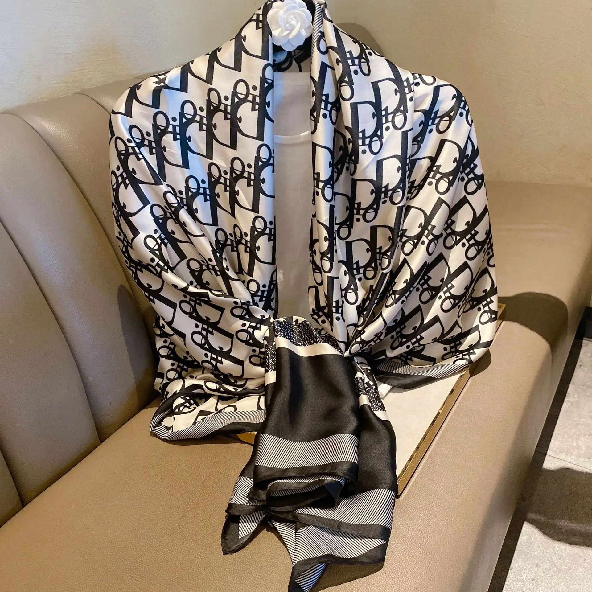 2022 New custom long simulation silk scarves luxury designer printed silk head scarf muslim women hijabs