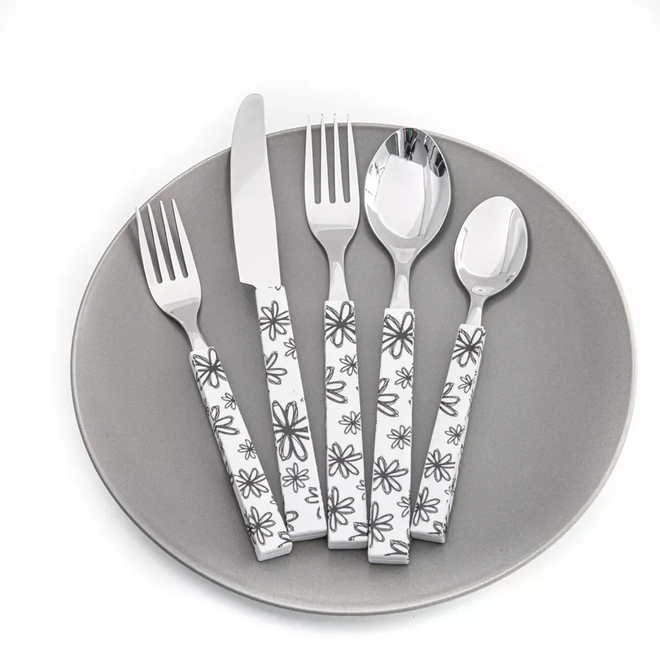 5pcs Flower Pattern PP Plastic Handle Stainless Steel Table Knife Fork Spoon Tea Spoon Flatware Set Cutlery Set