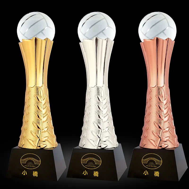 Custom made champion 3d male figures Award cup sport trophy blank sublimation glass crystal volleyball trophy for souvenir gift