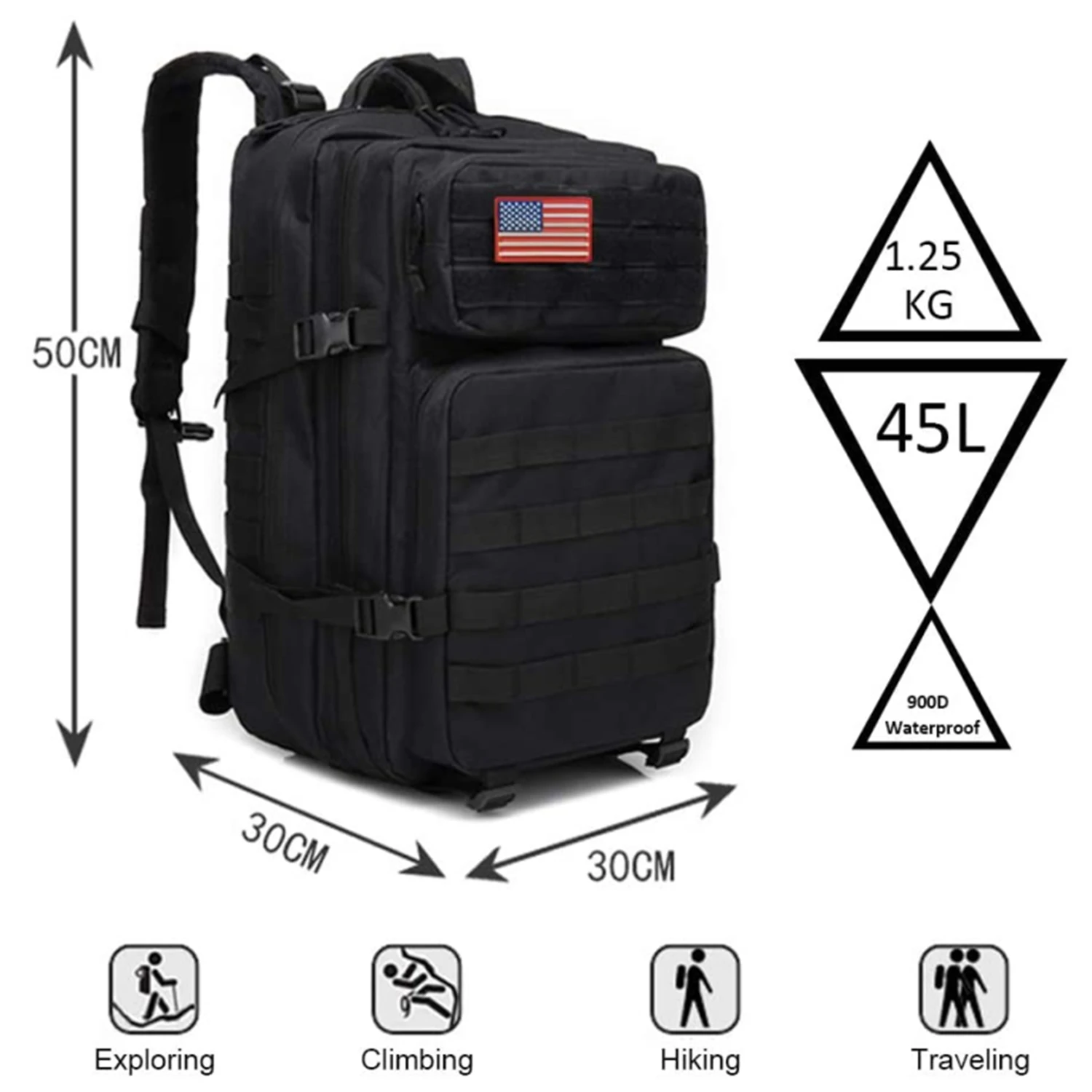 Wholesale Waterproof Big Capacity Portable Cool Durable Tactical  Black Backpack Outdoor Sport Rucksack