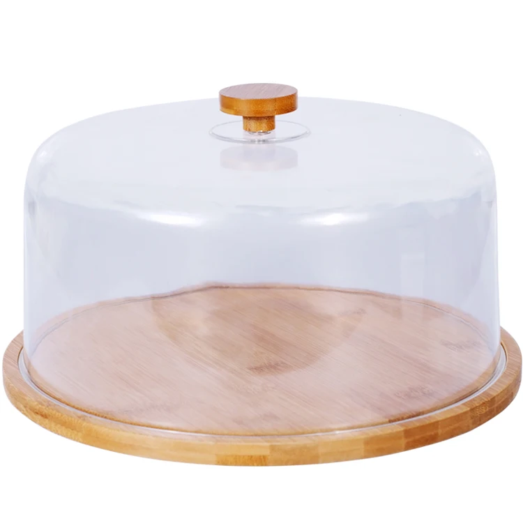 Decorative Bamboo Clear Cake Stand Cupcakes Server with Plastic Dome Cover