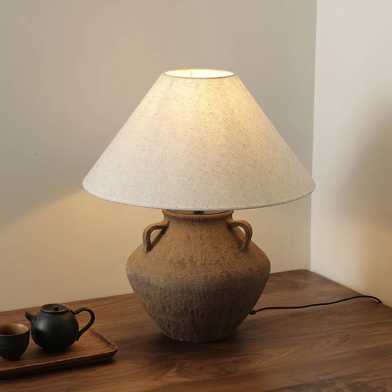 Nostalgic Chinese Large Rough Clay Pot Shape Lighting Resterurant embellished Table Lamp