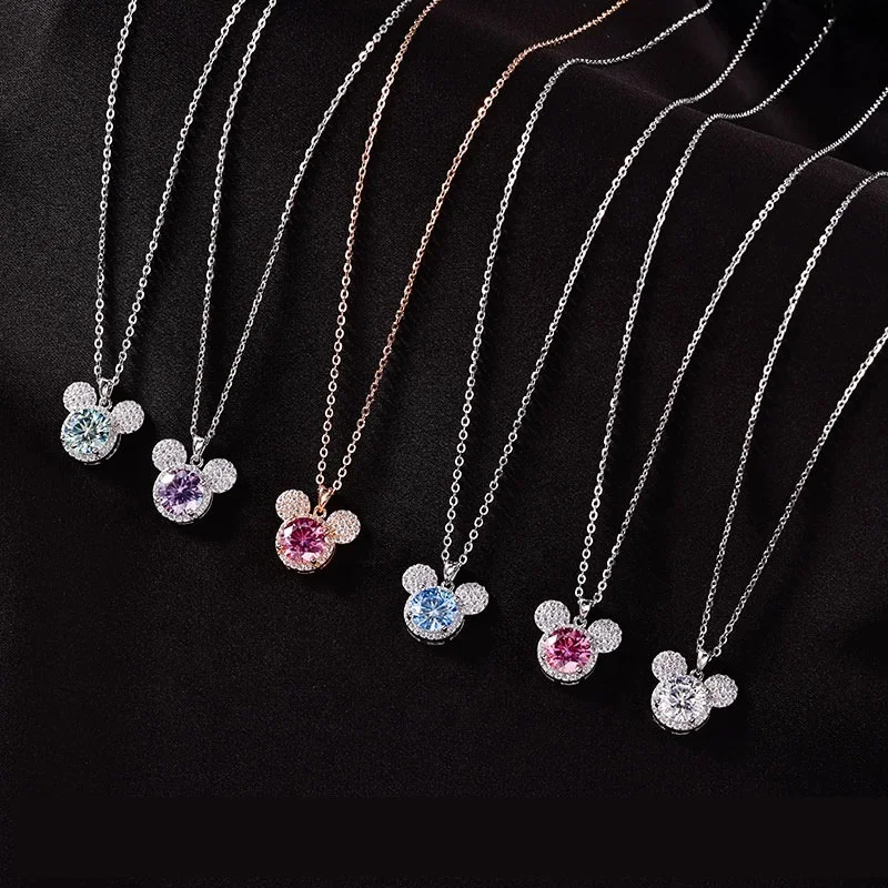 1 Ct  pink, blue ,white Moissanite Mickey mouse full diamond Pendant s925 sterling silver luxury necklace for women