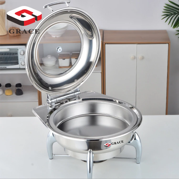 Commercial 11L Round Chafing Dish Round S/S CHAFING Dish W/ Glass Lid and Lid HOLDER. Stainless Steel Carton Case CN;GUA Silver
