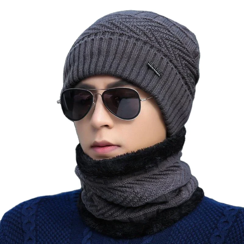 New trendy Knitted Women Winter Hat And Scarf Set Velvet Neck Warmer Adult Ski Hat