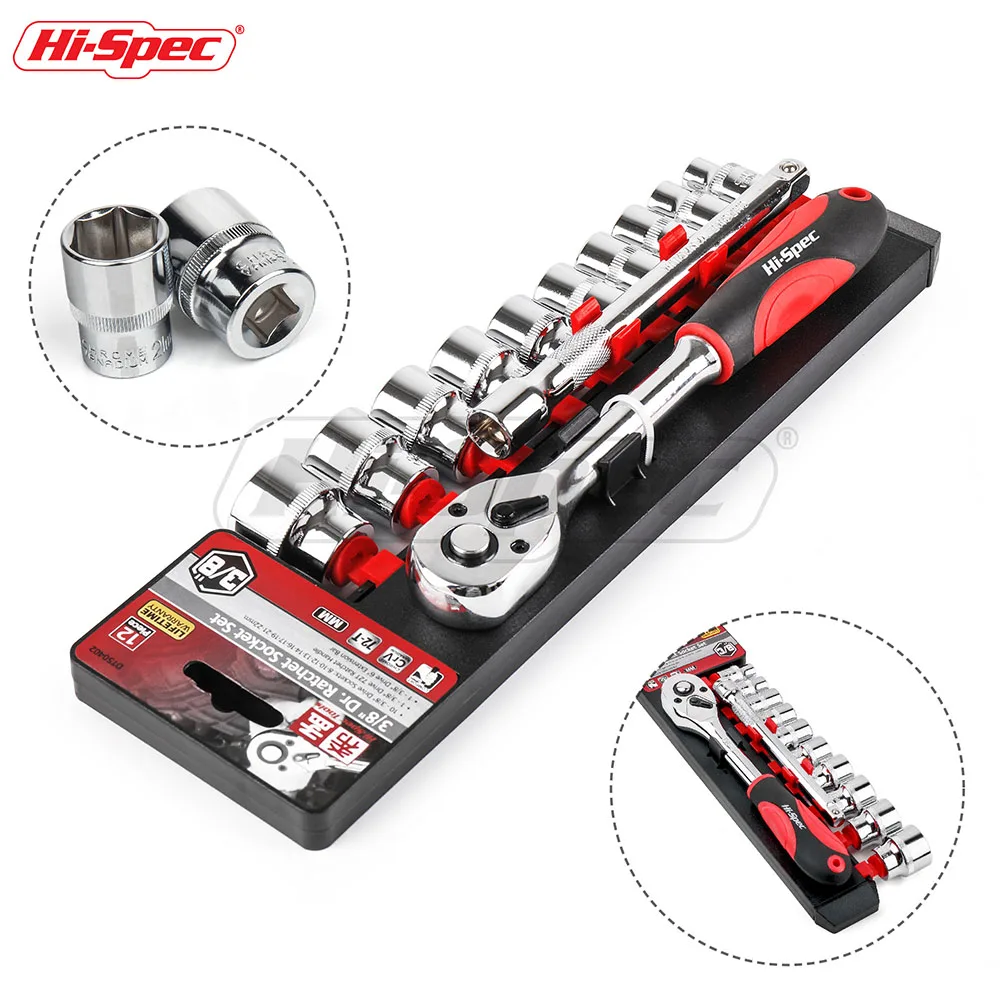 12pc 3/8 CrV Metric Small Socket Tool Kit Set. Ratchet Wrench Handle, 8 - 21mm Sockets & Extension Bar on Rail Holder. OEM Ready