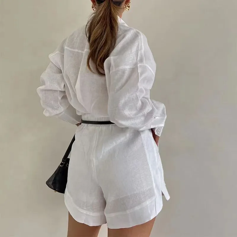 King Mcgreen star Women Clothing Outfits Set Casual Buttoned Up Front Solid Color Shirt Elastic Waist Wide Leg Shorts Sets