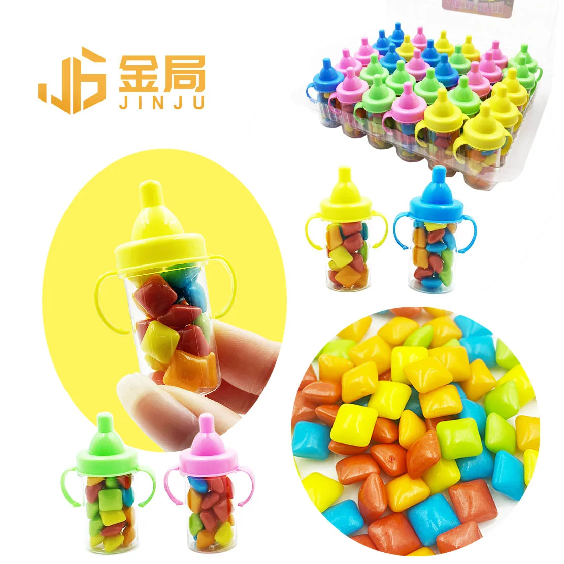Custom Plastic Pacifier Feeder Bottle Packing Bubble Candy Confectionery Assorted Fruit Bubble Gum