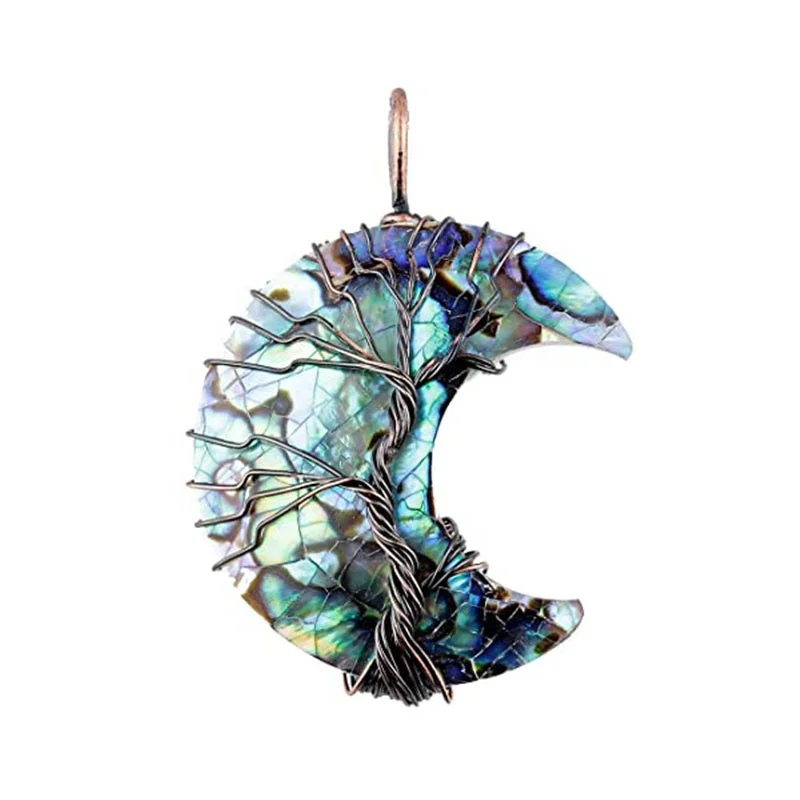 Tree of Life Crescent Moon Necklace Copper Wire Wrap Natural Healing Gemstones Crystals Pendant For Necklace