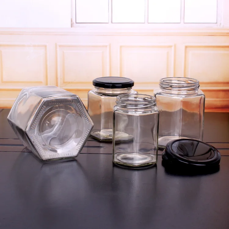 50ml 80ml 100ml 200ml 380ml 730ml hexagon glass honey jar cheap jam jars with metal lids