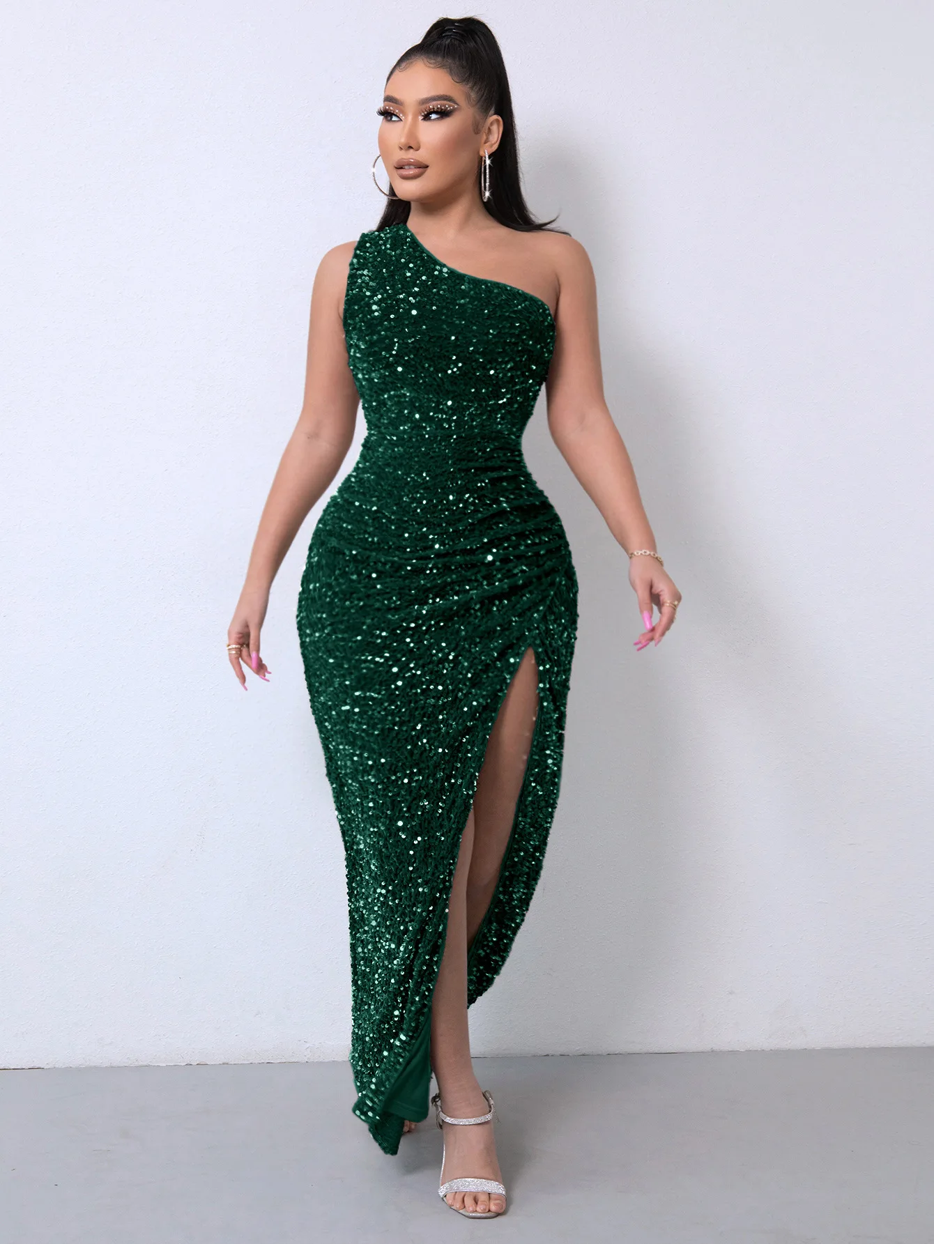 Factory in Stock One Shoulder Long Dress with Slit Formal Elegant Sequin Cocktail Dress for Women