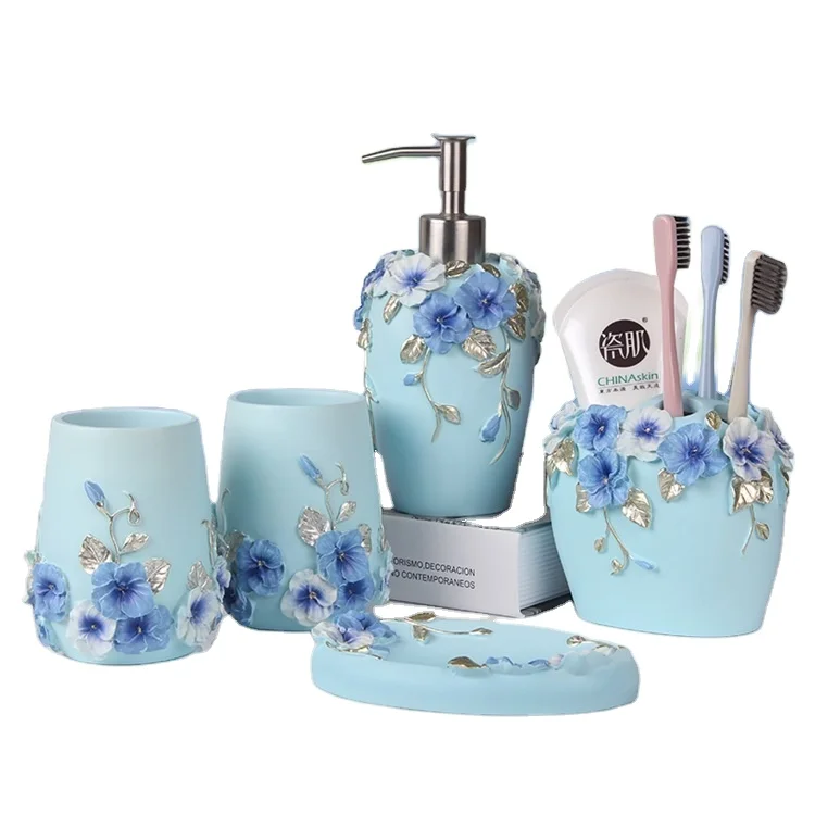 Flower Pattern Bathroom Product Blue Color Polyresin Accessory Bath Sets