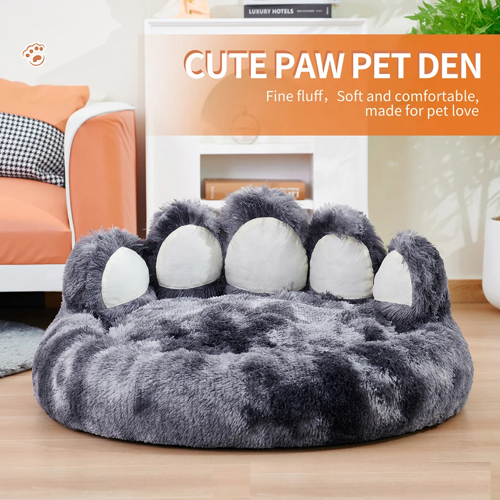 Luxury Warm Calming Large Cute Nest Cot Plush Bear Paw Shape Round Fashionable Dog Pet Cat Bed