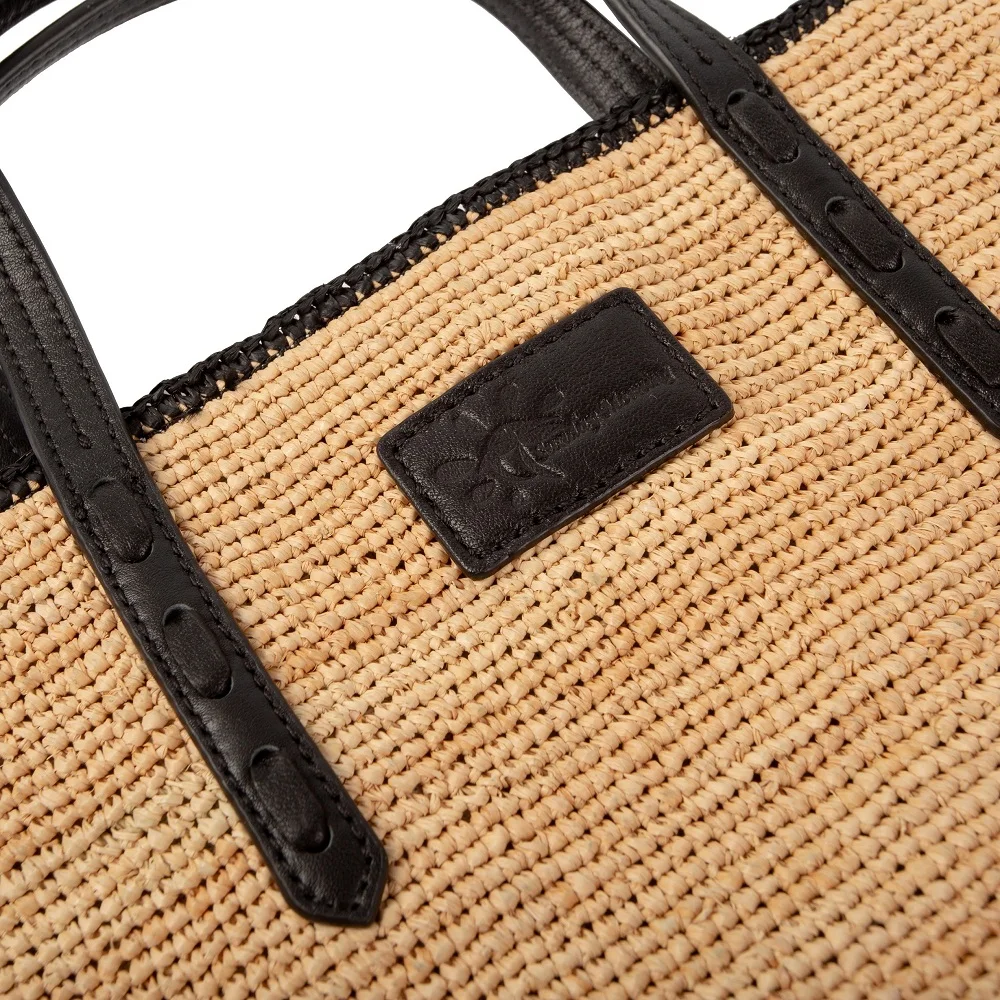 Fashion straw casual tote and shoulder striped crochet raffia bag with snap closure