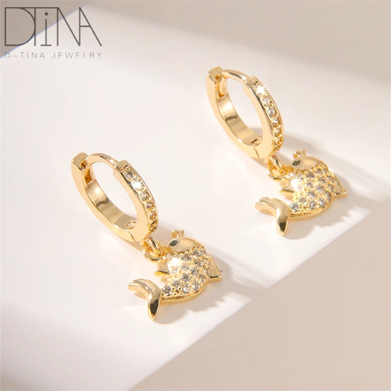 Роскошная Мода 14k золото длинные серьги Дельфин драгоценный камень серьги