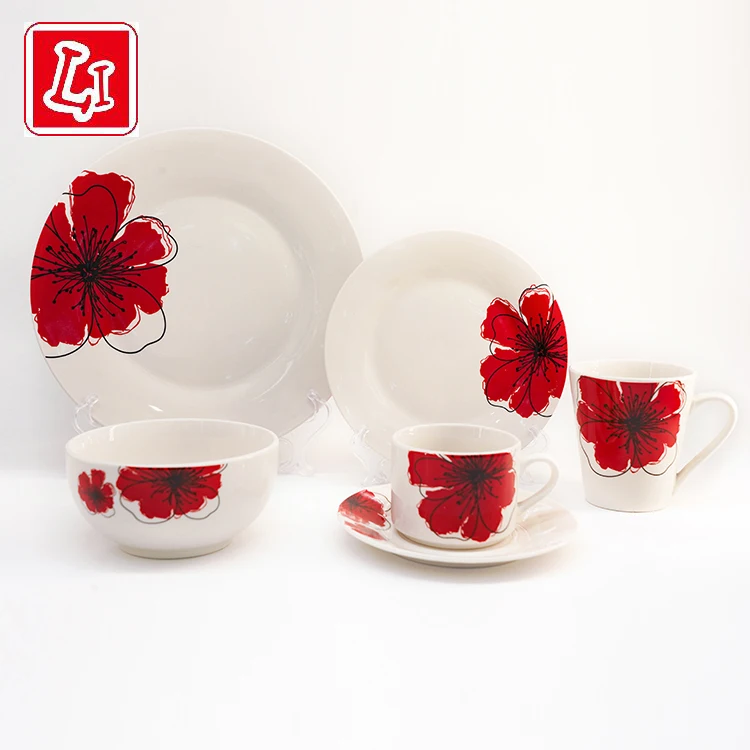 Red flower pattern ceramic tableware set six piece set with flat plate bowl cup