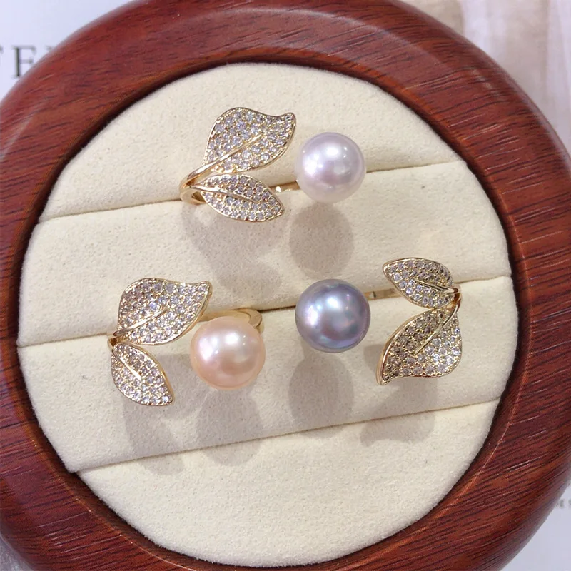 18K Gold Plated Shiny Zircon Leaf Shape open band ring Natural Freshwater pearl adjustable Finger ring For Girls