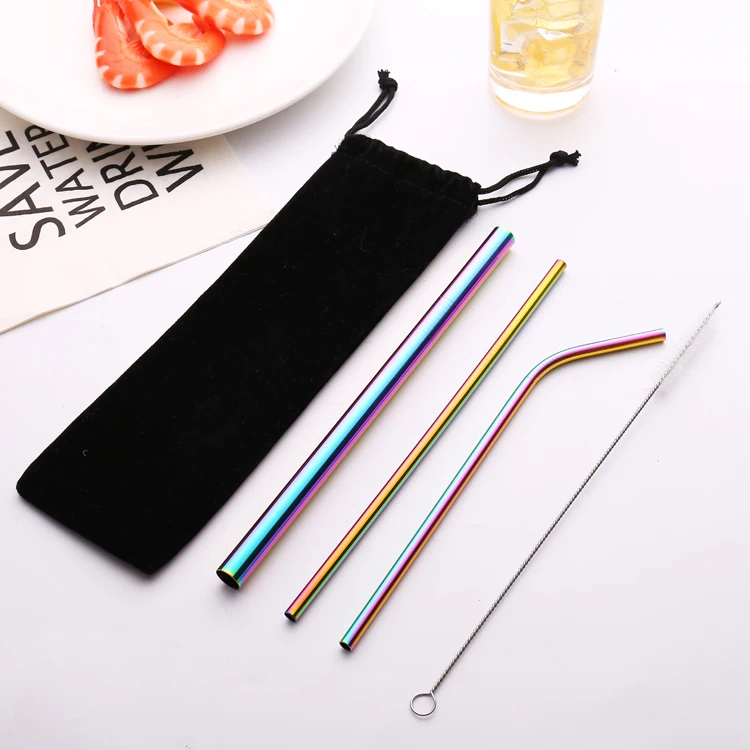 Wholesale eco friendly Reusable 3PCS Stainless Steel Drinking Metal Straws Set With Brush