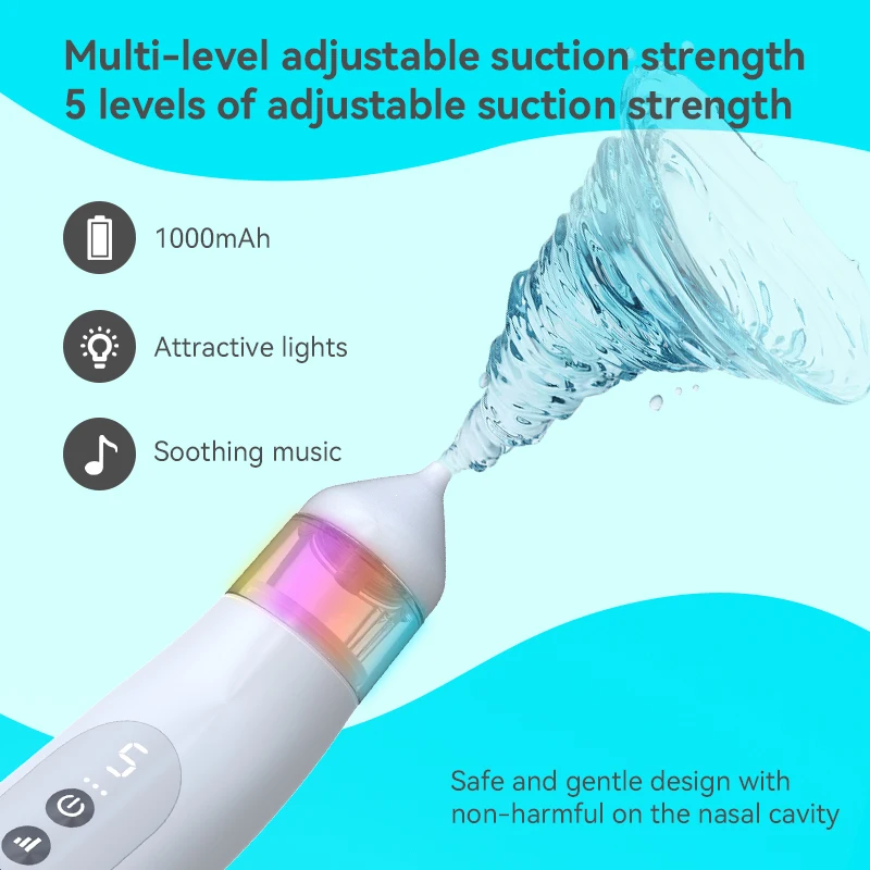 Portable 65kpa Built-in Music & Light Soothing 5 Suction Levels Newborn Nose Sucker Food Grade Baby Nasal Aspirator for toddlers