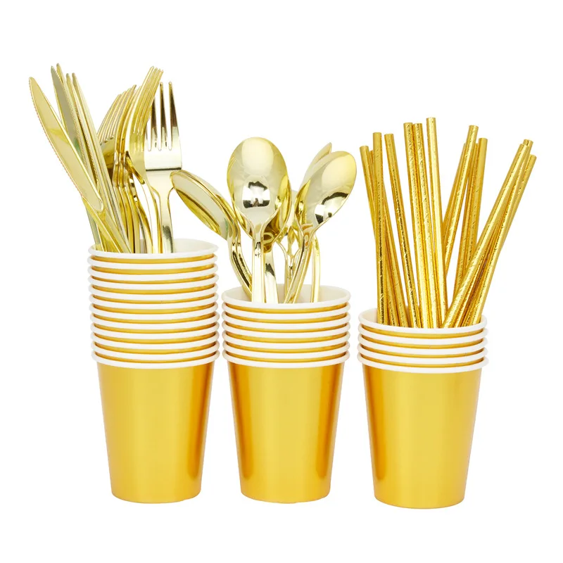Wedding Party Happy Birthday Party Luxury Tableware set Disposable Tableware Paper Cups Paper Plates Napkins Set