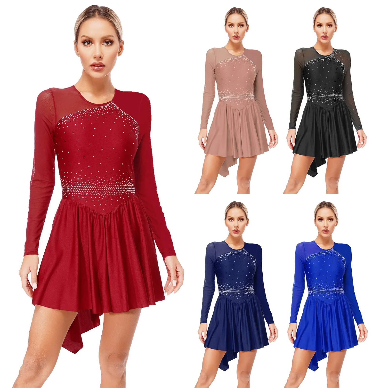 Womens Rhinestones Dance Dress Cutout Back Contrast Color Sheer Mesh Long Sleeve Ice Figure Skating Dress