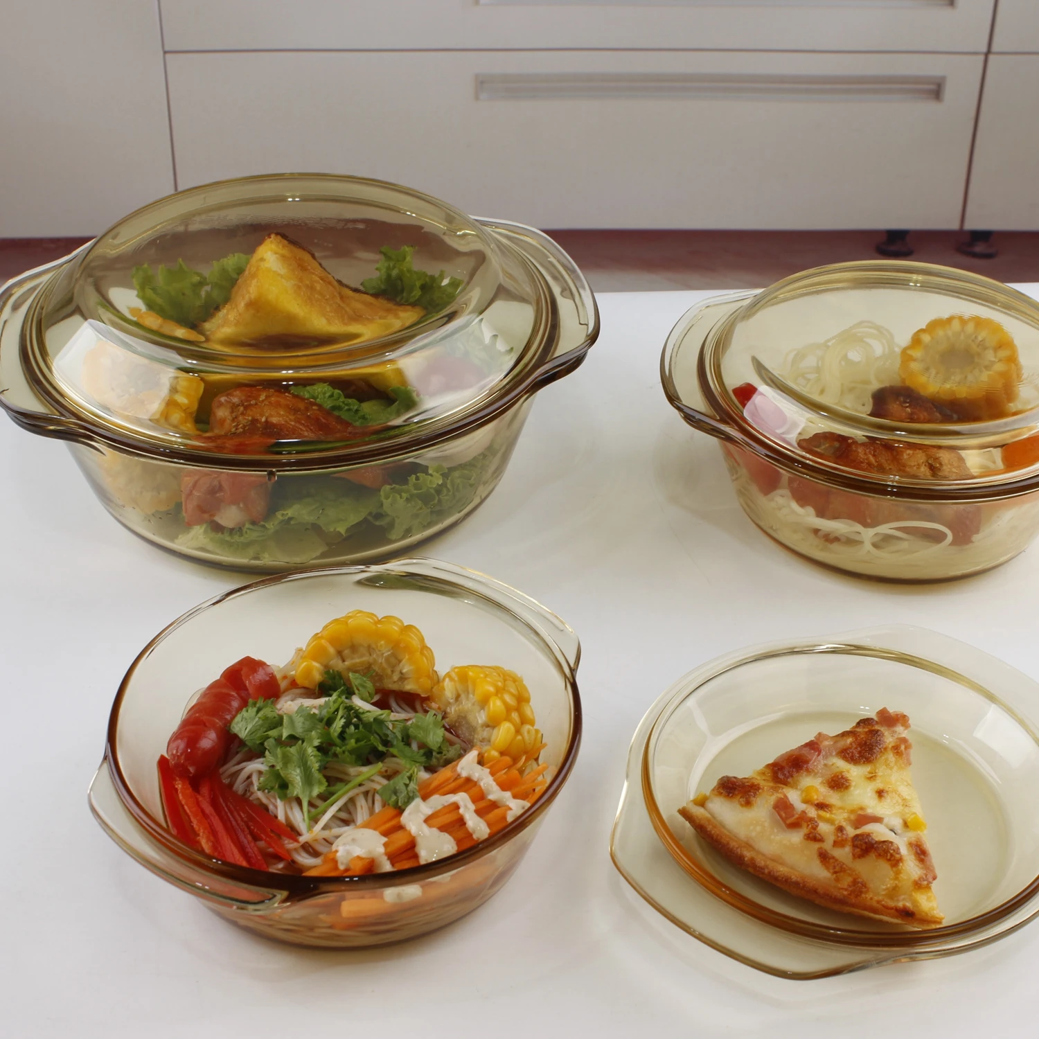 Wholesale Amber High Borosilicate Heat Resistant Bakeware glass bowl with lid Big Soup casseroles