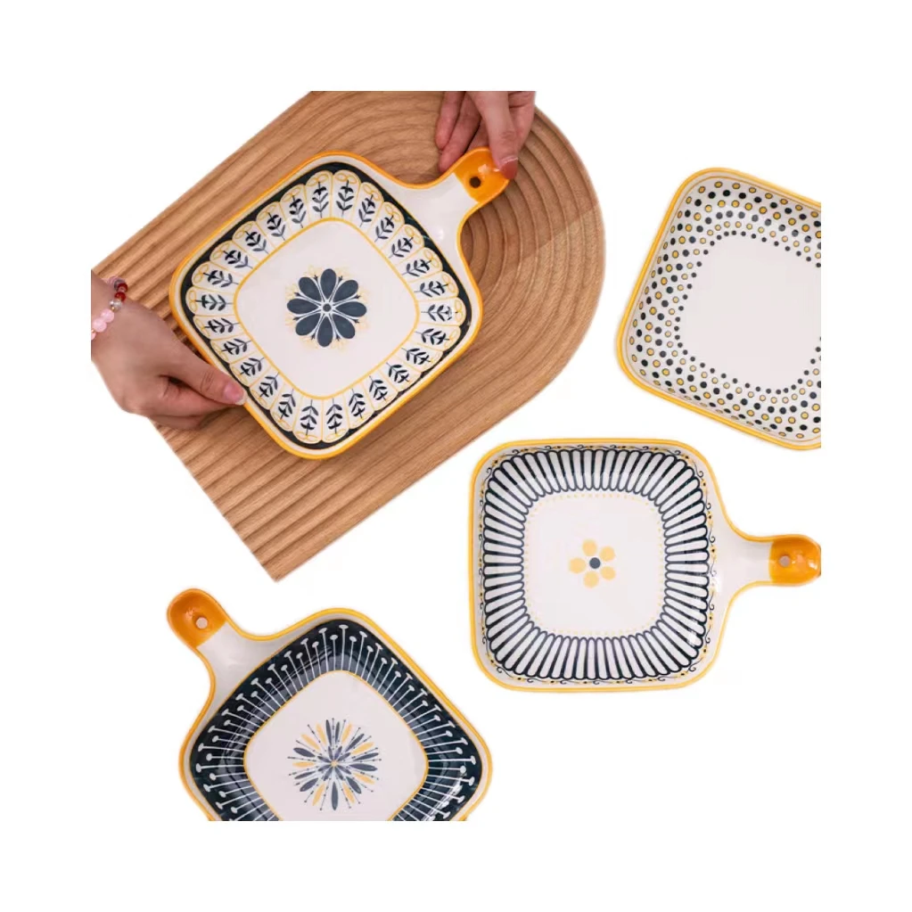 Hot Sale Nordic Style Solid color glaze Stoneware Ceramic tableware set Plate Single Handle Baking Pan 9inch Ceramic Dinner Plat