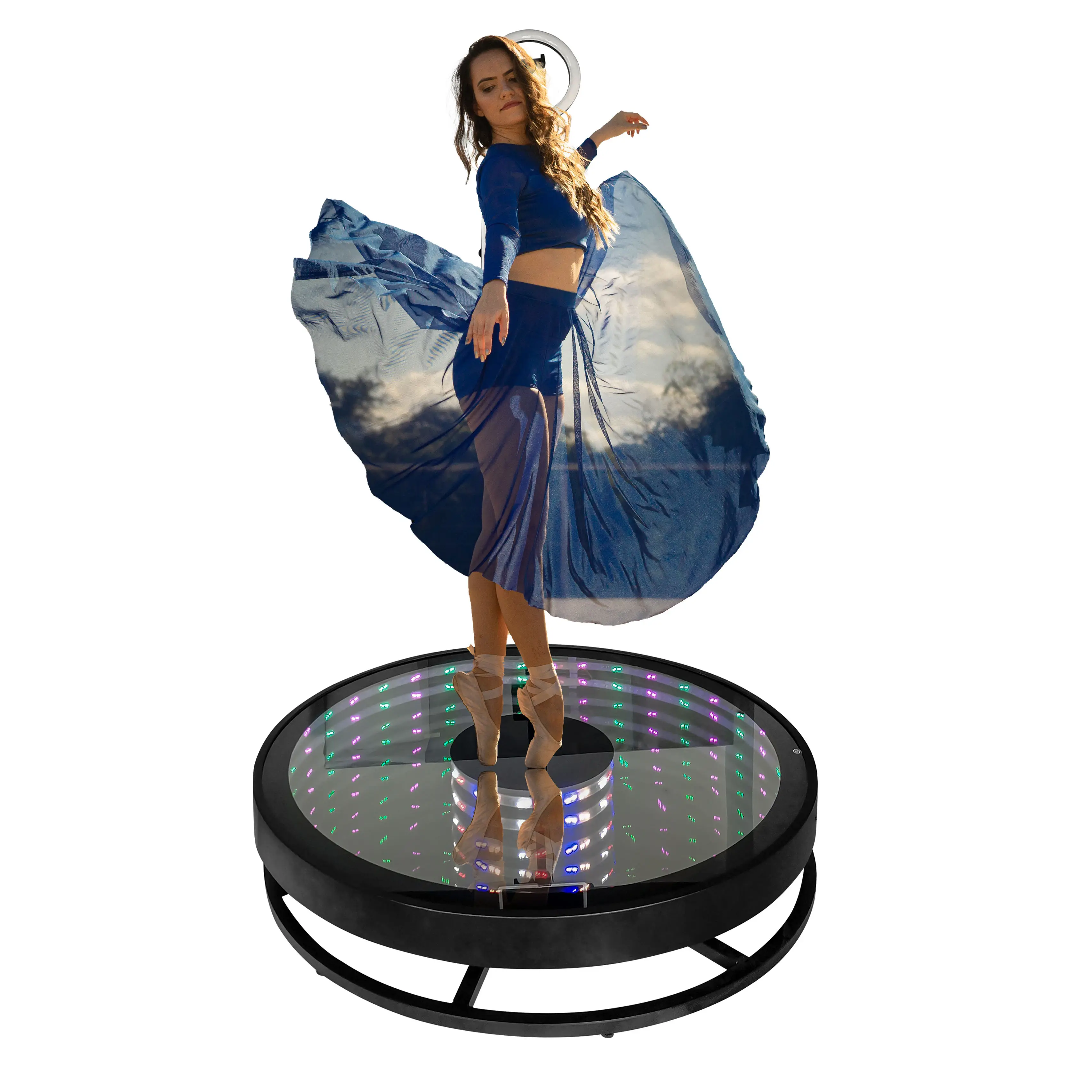 2022 hot sale new designed tempered glass 115cm diameter metal base photo booth automatic rotated 360 degree video booth