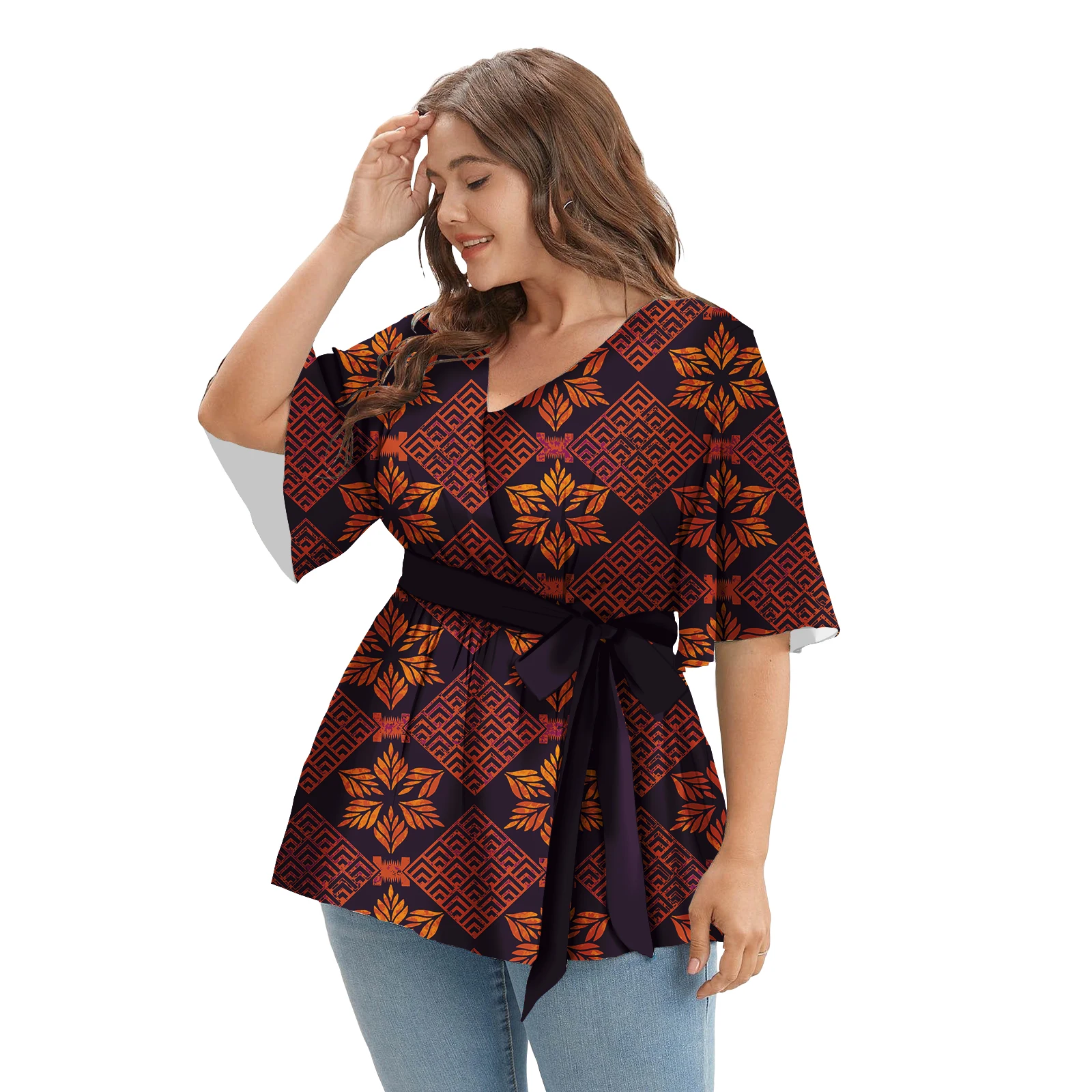 Woman Tops Fashionable Blouse Polynesian Tribal Hawaii Flower Designer Blouses For Women Short Sleeve Sexy Club Top Women