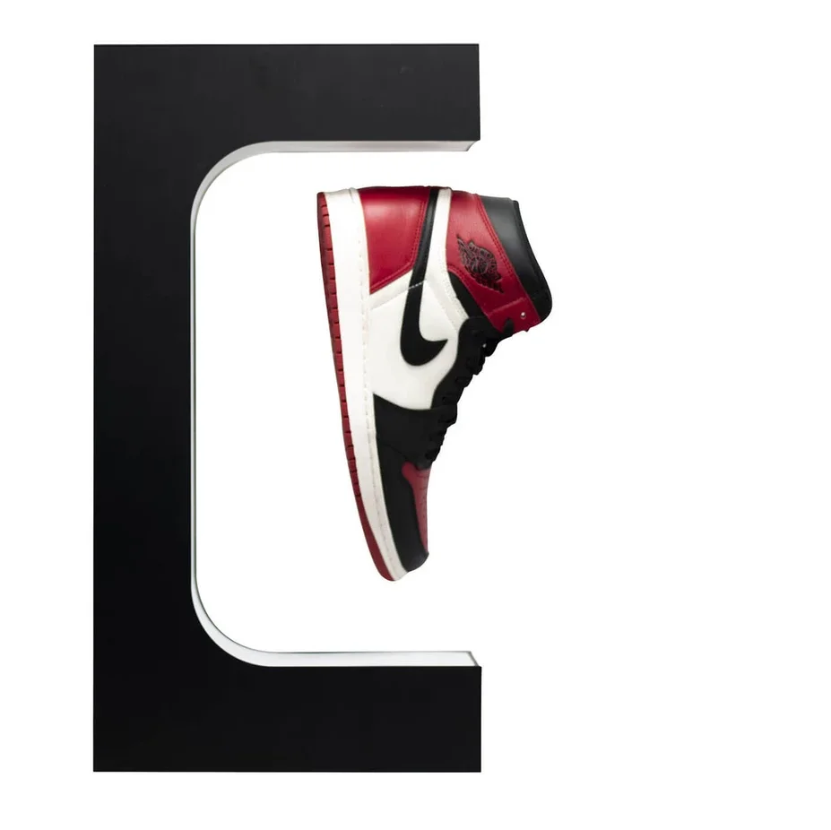 Shoe display floating cabinet metal wood slatewall shelf table levitating lamp LED oval shoe levitation stand