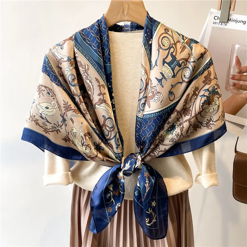 Customized Large Square Satin Scarf For Women Silk Feeling Scarves Beach Shawls Muslim Hijab Wraps Stoles Female Foulard