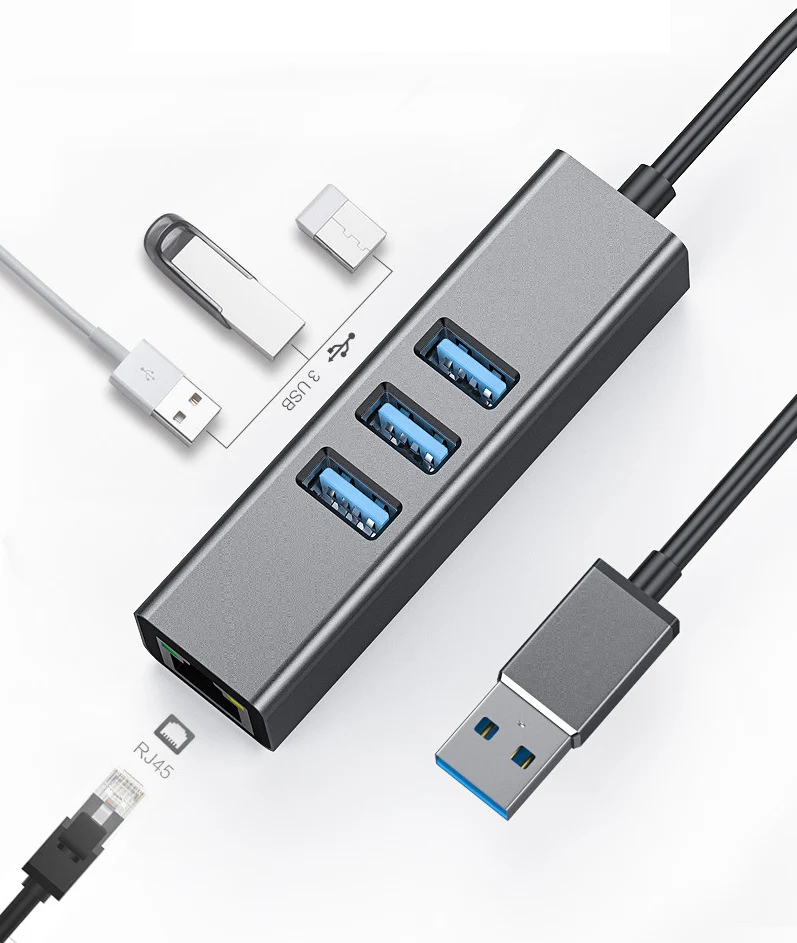 4 port USB 3.0 hub with Ethernet adapter USB TO LAN RJ45 port megabit 10/100Mbps 4 in 1 hub with 3 USB 3.0 port