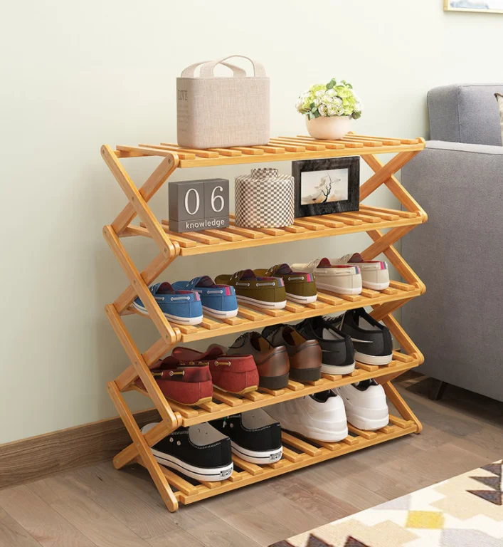 Space Saving Display Wood Foldable 2 Tiers 6 Pair Bamboo Wooden Shoe Rack