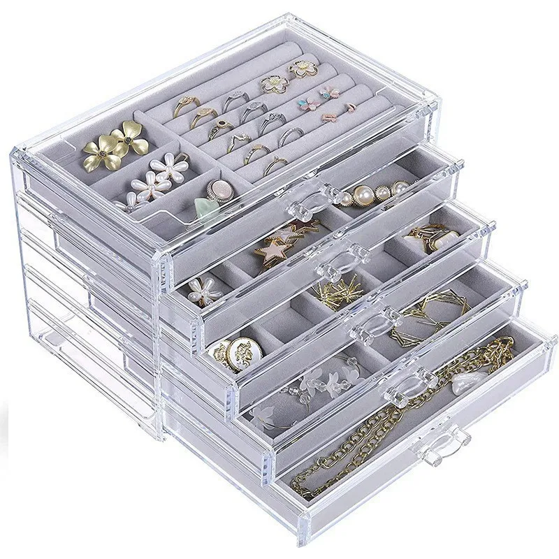 Acrylic Transparent 5 Layer Jewelry Storage Box Clear Velvet Earring Organizer with Drawers Rings Display Case  Holder Tray