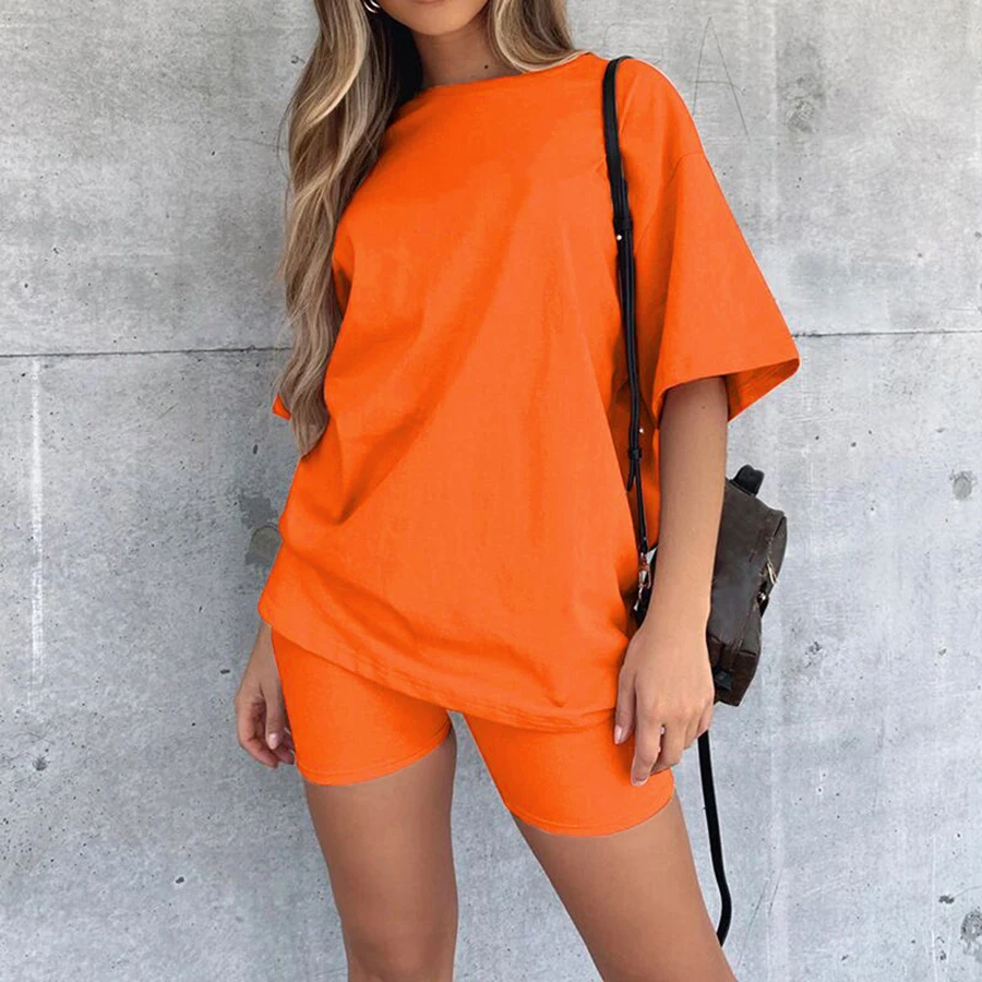 Nibber K21S02777 Summer Plain O-Neck Women Shirt Short Set 2021 Casual Jogger 2 Piece Set Women