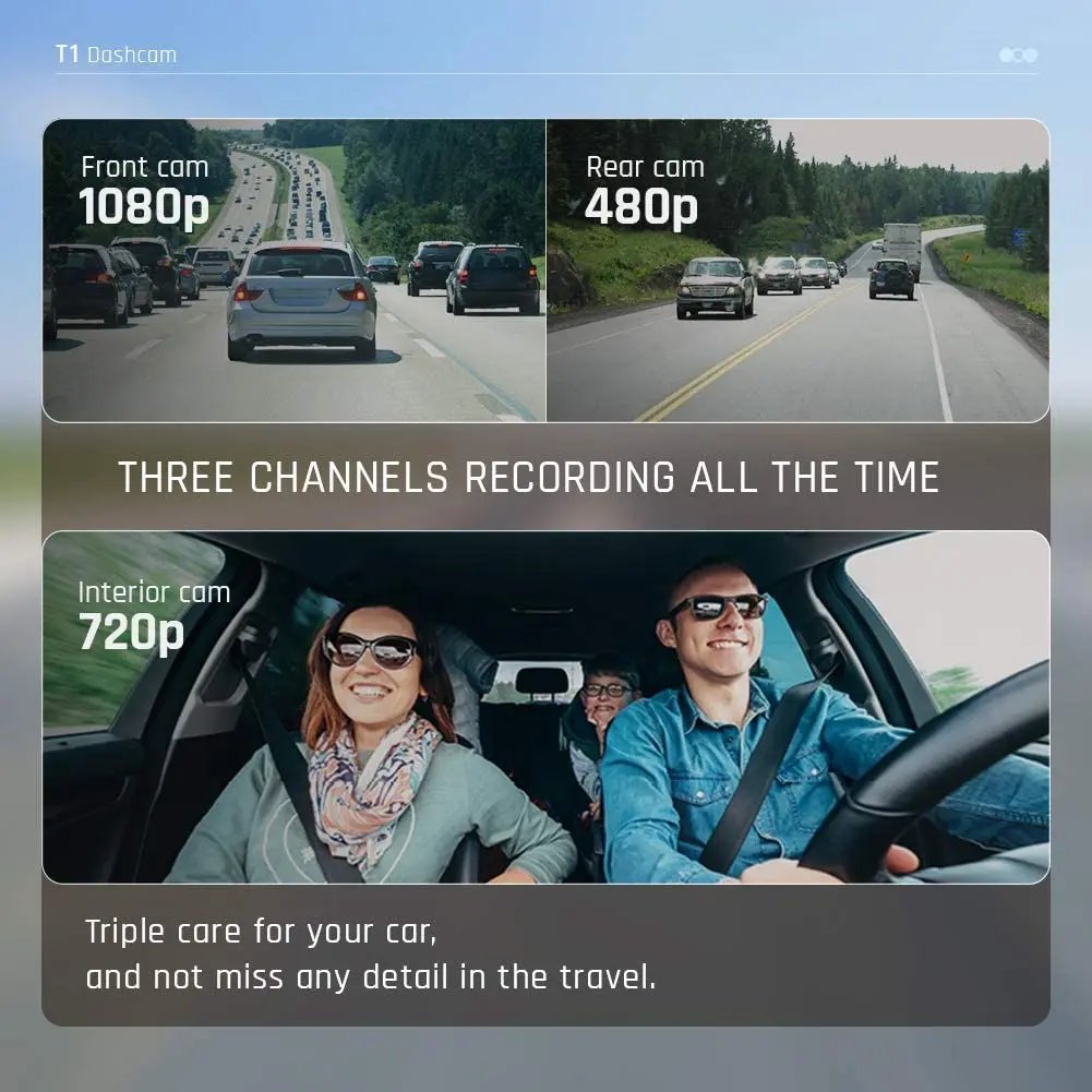 3-Channel 1080P Dashcam with IR Night Vision Front Rear Inside 170 Wide Angles HDR Dash Camera Video Recorder Black Boxfor Cars