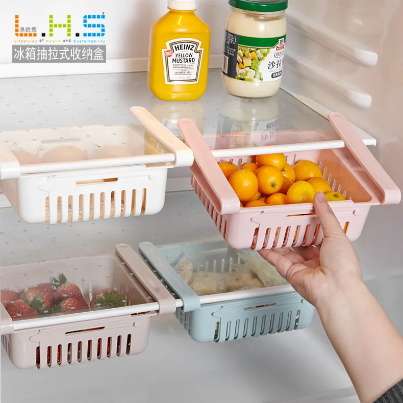 Hot Sale Kitchen Organizer Adjustable Refrigerator Storage Rack Fridge Freezer Shelf Holder Pull-Out Drawer Space