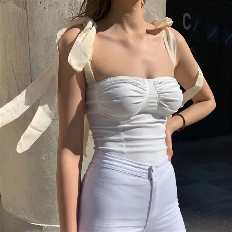 
9266 Cross-border bow shoulder strap vest summer women Bay new solid color strapless bottoming shirt wholesale 