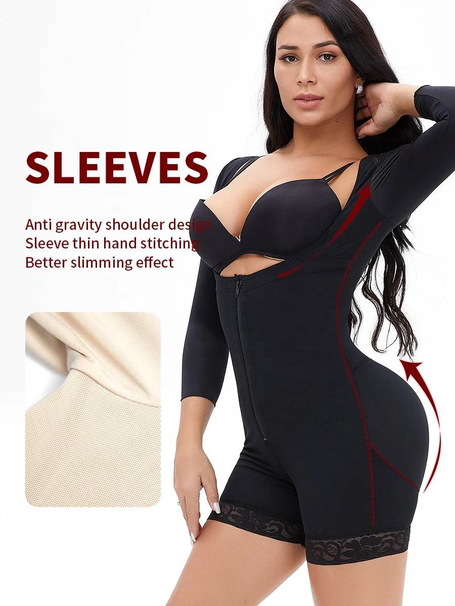 Plus size slim full body high waist girdles butt lifter Fajas anti gravity long sleeve front zipper button 3D shaping bodysuit