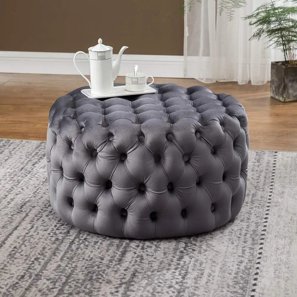 
Velvetr fabric upholstered round cube lounge pouf ottoman stool 