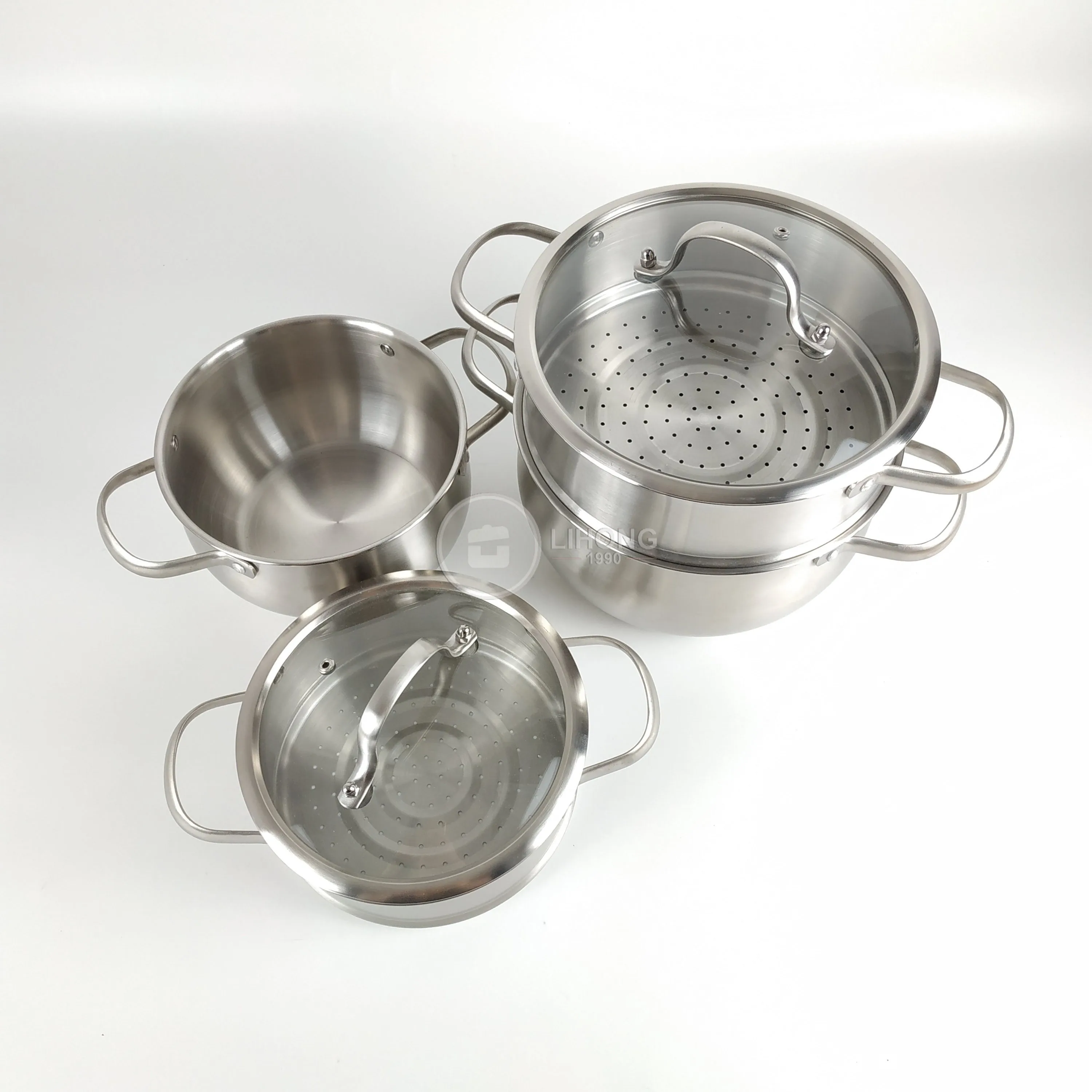 LIHONG Wholesale Stainless Steel Cookware 2 Layer Steamed Milk Pot dIfferent Size and Steaming Rack Soup Pot with Cover