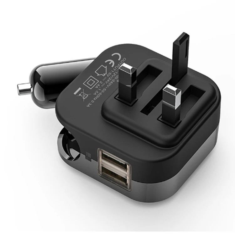 High Quality EU/UK/US Plug 2.1A 2-in-1 Dual Port USB Travel Charger Home Wall Car Charger Combo USB Port Wall Charge Car Charger