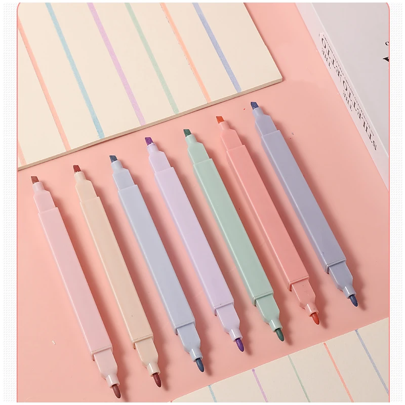 Square Barrel Light Color Pastel Long Lasting Dual Flat Tip Oblique Highlighter Marker Pen For Kids